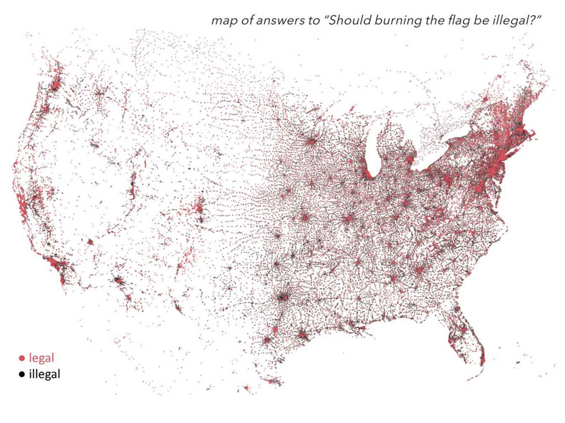 Map of answers to the
question: Should flag burning be illegal?