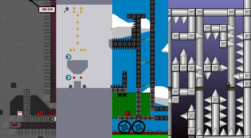 Comparison screenshot of Super Meat Boy, N+, Jumper Two, and I Wanna Be The Guy